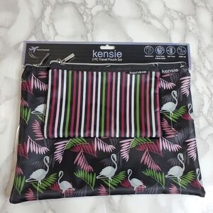 Kensie 2-Piece Travel Pouch Set with Flamingos and Stripe Design